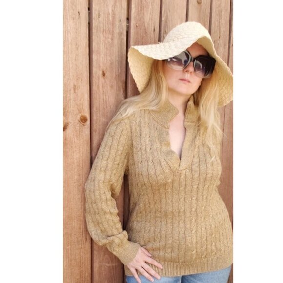 5/$100 SALE -  Vintage Ralph Lauren Gold Metallic Mock Neck Cableknit Sweater - Picture 2 of 11